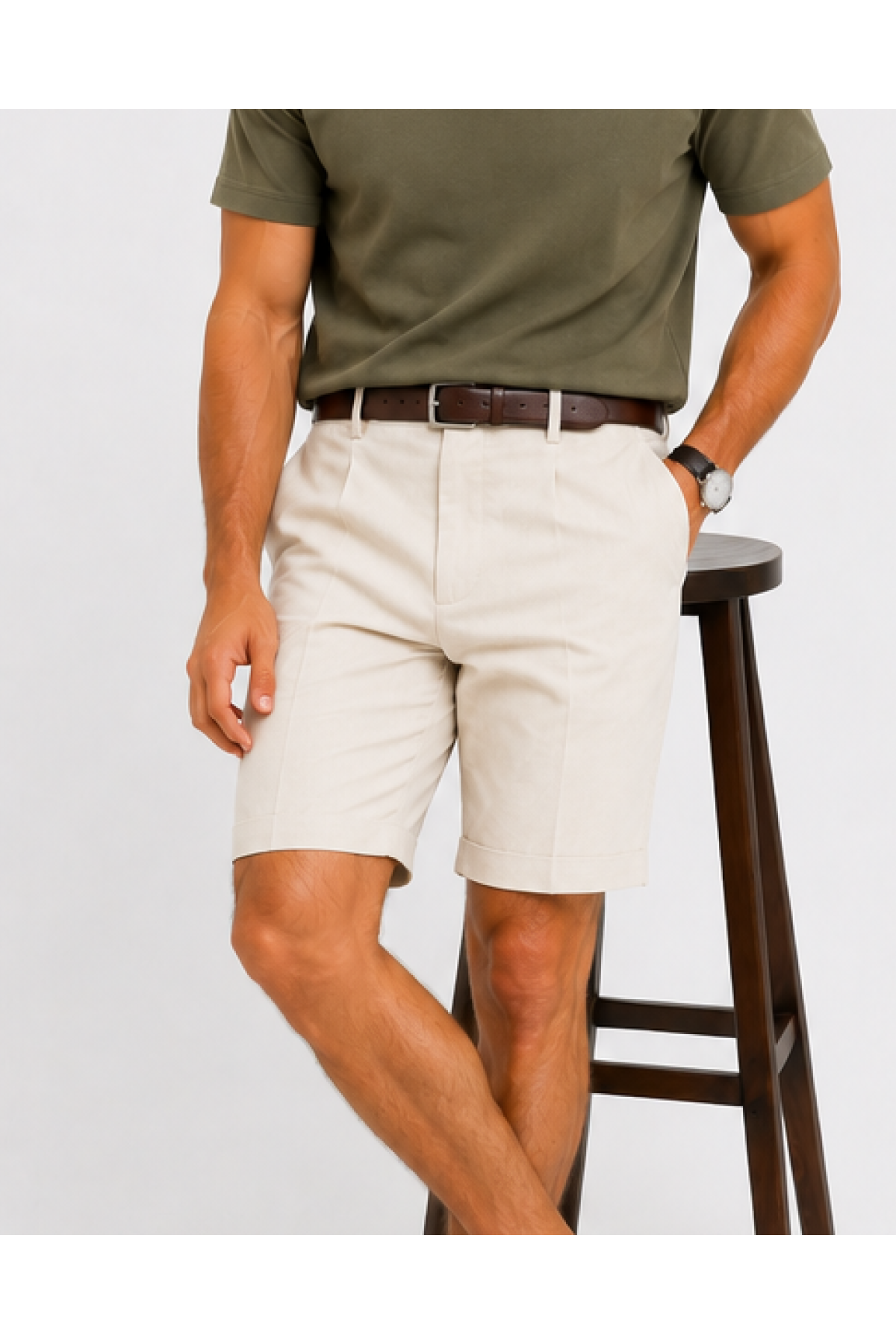 Aeterna Tapered Keten Krem Bermuda Şort
