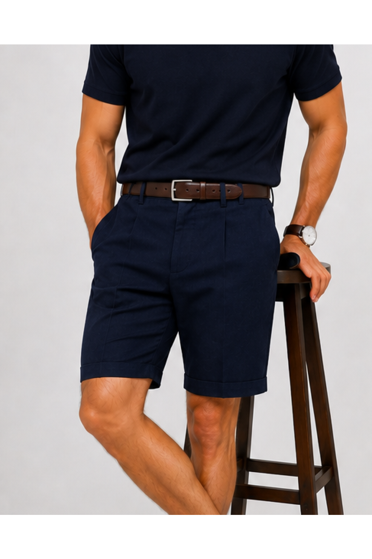 Aeterna Tapered Keten Lacivert Bermuda Şort